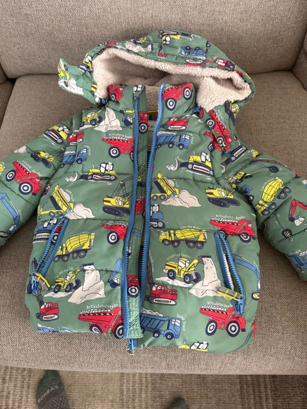 Mini Boden Green Construction Print Sherpa-Lined Jacket